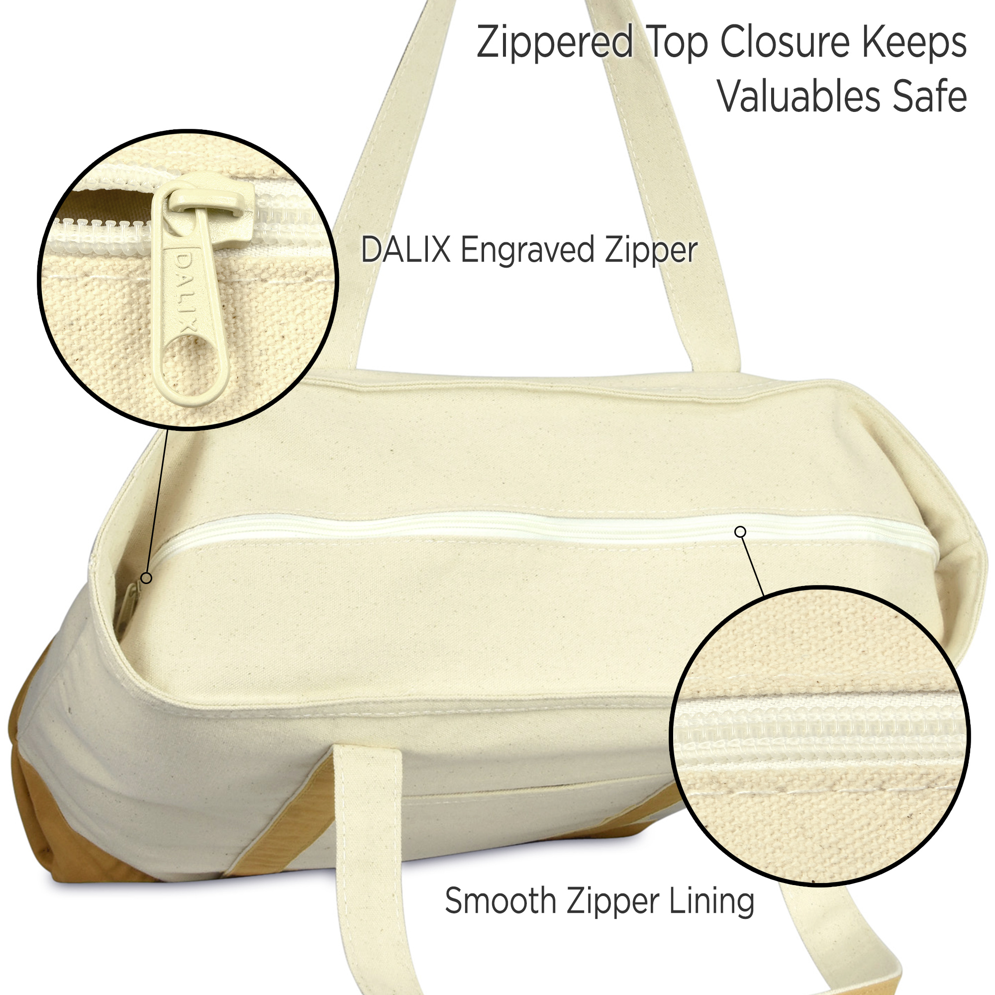 DALIX 22" Cotton Canvas Bag Beach Shopping Zipper in Brown - image 4 of 6