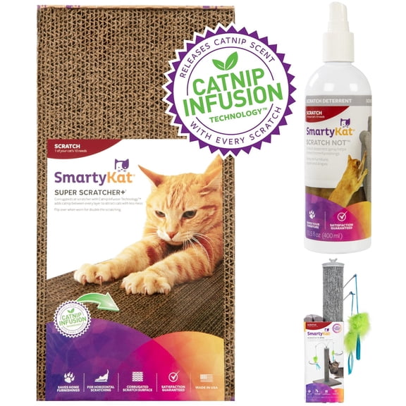 SmartyKat Cat Scratcher & Training Bundle, Super Scratcher Catnip Floor Pad, Scratch Not Spray & Scratch 'N Spin Post, 3-Piece