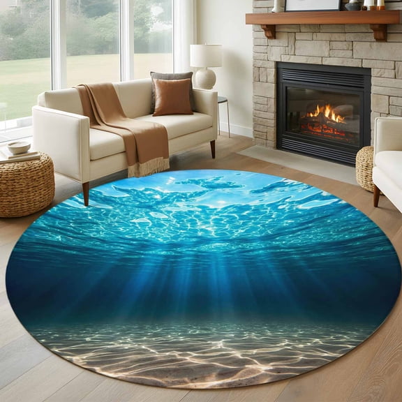 Light Blue Ocean Waves Round Area Rug 5Ft Washable Circle Rugs for Living Room Bedroom, Summer Beach Coastal Abstract Non-Slip Carpet Floor Mats Indoor Outdoor Carpet Runner Aesthetic Home Decor
