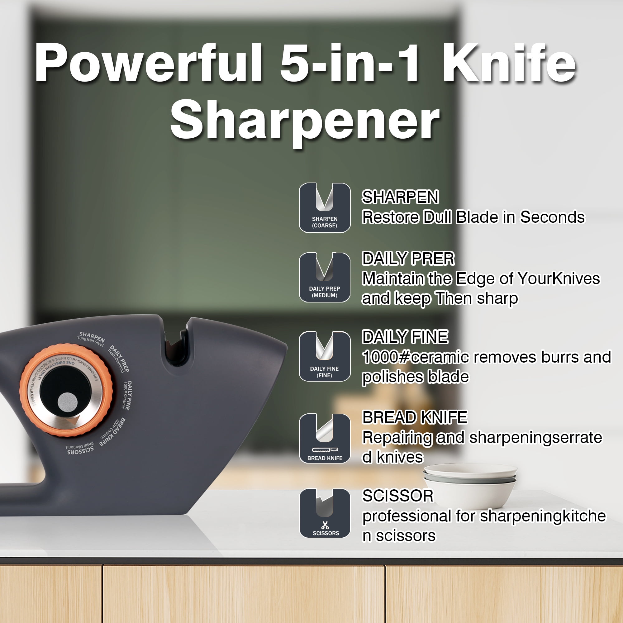 5 in 1 Adjustable Knife Sharpener, Premium Handheld Kitchen Knife Sharpeners Help Repair, Restore, Polish Blades Sharpening Tool Works for Pocket Knife Chefs & Serrated & Bread Knife, Scissors