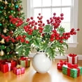 thumbnail image 5 of 5 Pack Christmas Artificial Green Branches with Red Berry Stems- Faux Evergreen Cypress Leaves Stems- Fake Foliage Green Leaves Berries Picks for DIY Craft Garland Home Decor, 5 of 5