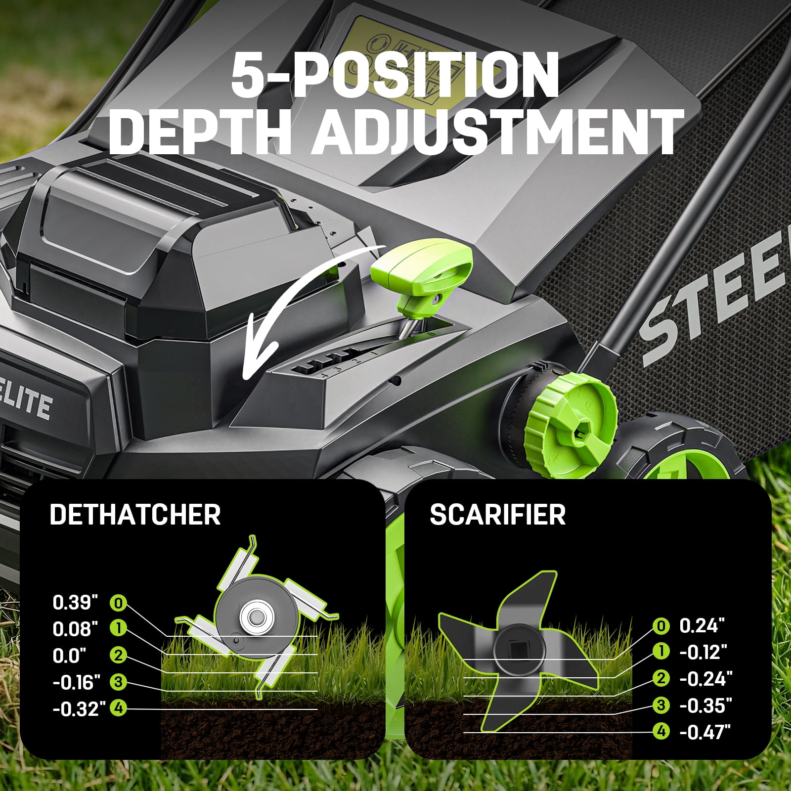 Steelite 2x21V 15-Inch Cordless Dethatcher and Scarifier with Brushless Motor, 2-in-1 Battery Powered Dethatcher with Removable 11.9-Gallon Collection Bag and 2 x 4.0 Ah Batteries