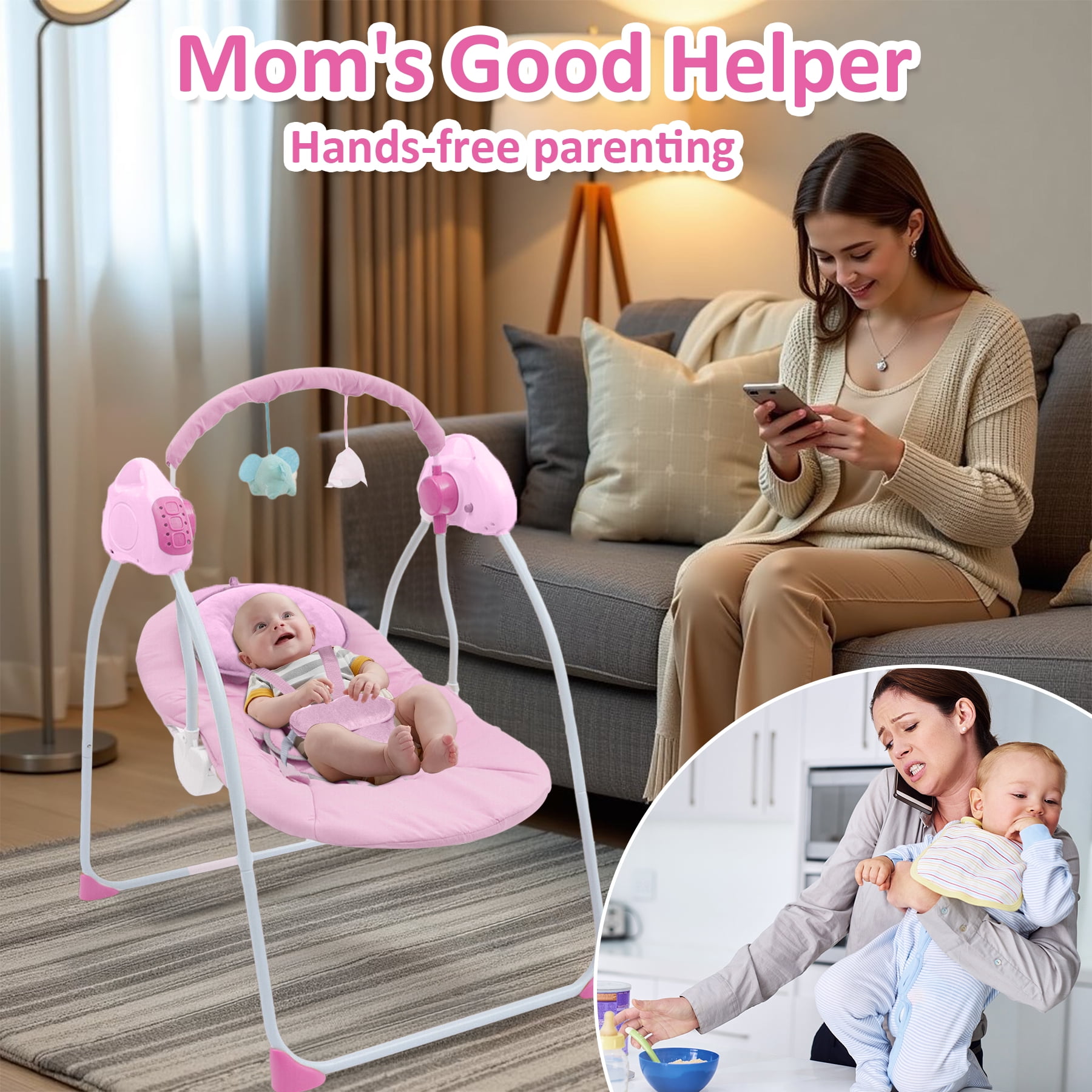 RICHYOUNG Folding Baby Swing for Infant,Bluetooth Music,Remote Control,5-Speed Baby Bouncer(Pink)