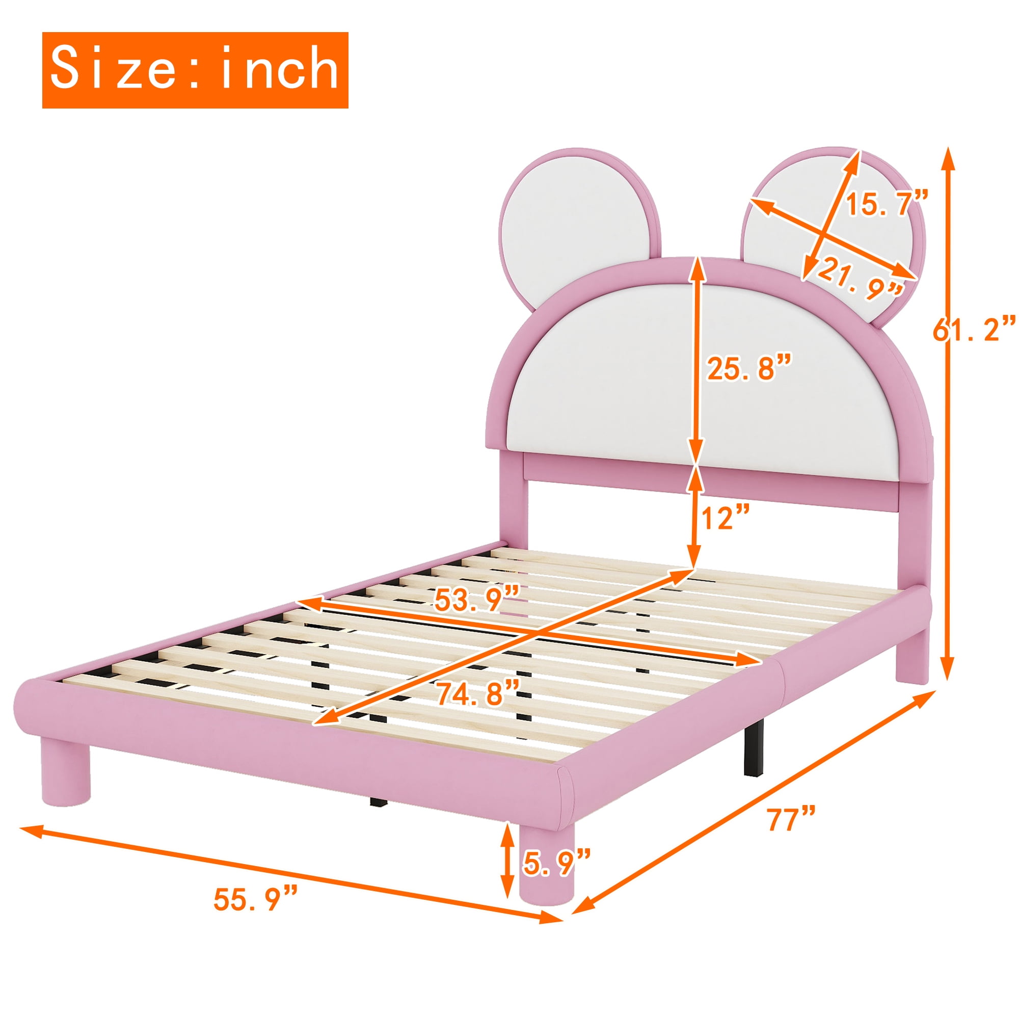 EUROCO Upholstered Full Size Platform Bed with LED Light, PU Leather Cartoon Bed for Kids Teens, Pink
