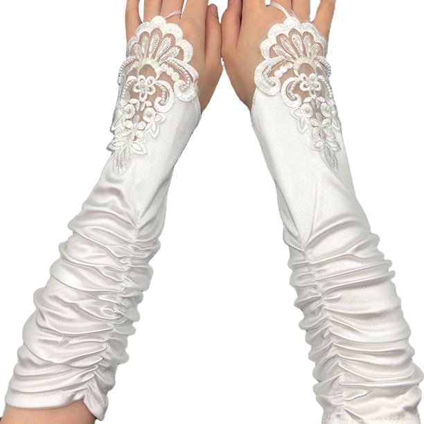Qarigey Guantes largos florales de encaje, ropa de mano sin dedos, mitones Vintage bordados, elásticos, para bodas, fiestas nocturnas, guantes y mitones Blanco Tamaño libre