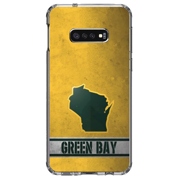 DistinctInk Clear Shockproof Hybrid Case for Samsung Galaxy S10e (5.8" Screen) - TPU Bumper, Acrylic Back, Tempered Glass Screen Protector - Green Bay Wisconsin - Football Team