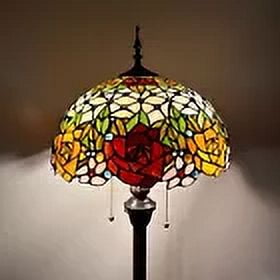 Tiffany Floor Lamp Red Orange Stained Glass Rose Flowers Metal Base LED Bulbs Included For Living Room Bedroom 16"W*16"D*64"H