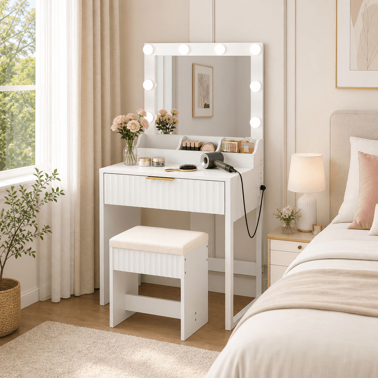 Zimtown Vanity Desk Set with Mirror, Makeup Vanity Table with 8 LED Lights and Charging Station, Dressing Desk for Bedroom, White