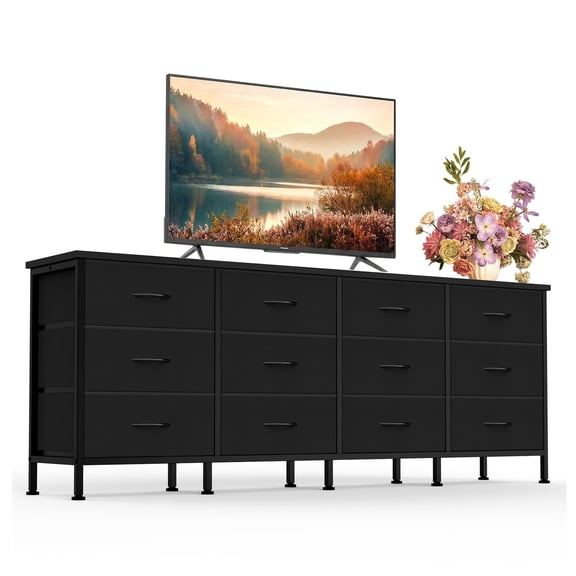 JIOABL 12 Drawer TV Stand Dresser for Bedroom and Living Room, TV Stand with 12 Drawers, Fabric Storage Organizer with Metal Frame, Fits TVs up to 80 Inch, Black