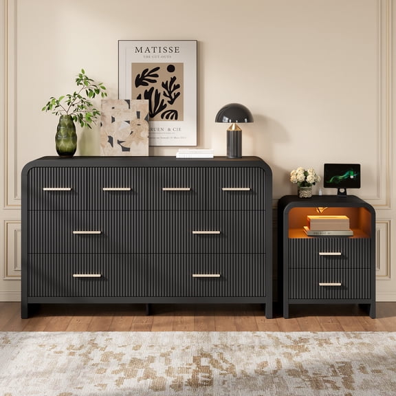 HUJAUU 2 Piece Black Dresser and Nightstand Set, Including 8-Drawer Wide Fluted Dresser with Gold Handles & 2-Drawer Curved Nightstand with LED Lights & Charging Station for Bedroom, Living Room