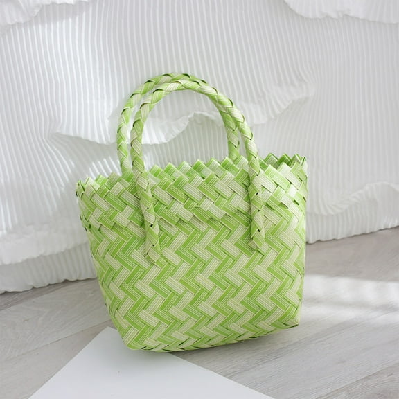 Fmbmuo Colorful Woven Basket HandBags Fashion Medium Bags for Women, Plastic Travel Organizer Valentine's and Birthday Gift Green