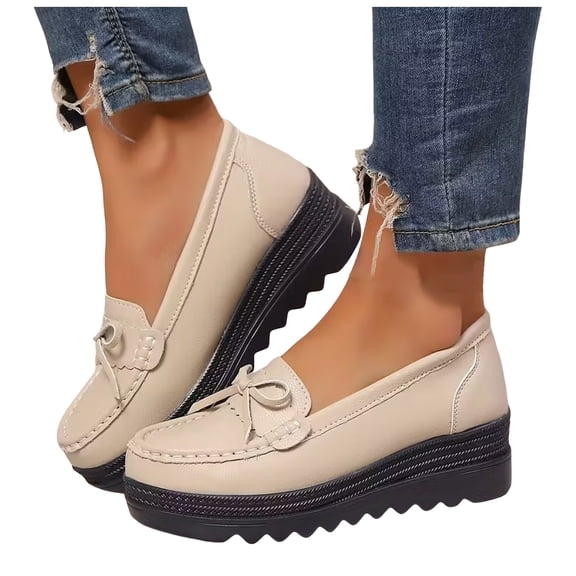 Rokment Platform Wedge Bow Slip on Penny Loafers Walking Shoes for Women Classic Fashion Casual Leather Chunky High Heel Oxfords Dress Shoes Beige Size 6.5