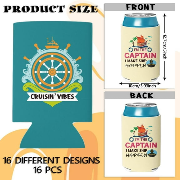 Cruise Beer Can Cooler 16 Pcs Neoprene Boating Gift Beer Sleeves for Can Sleeves for Men 12 oz Reusable Insulated Funny Drink Cans Cover