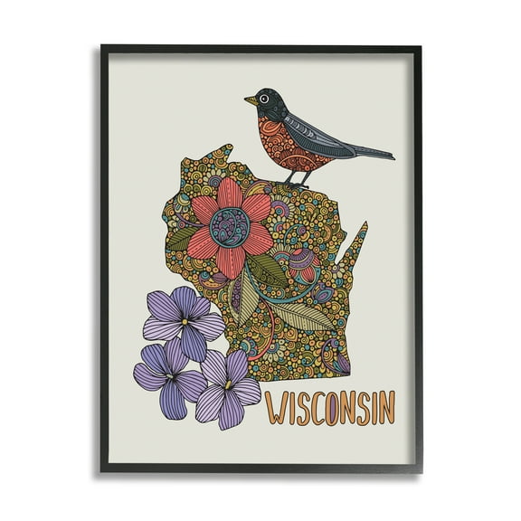Stupell Industries Intricate Wisconsin Robin State Flower Pattern Design Graphic Art Black Framed Art Print Wall Art, Design by Valentina Harper