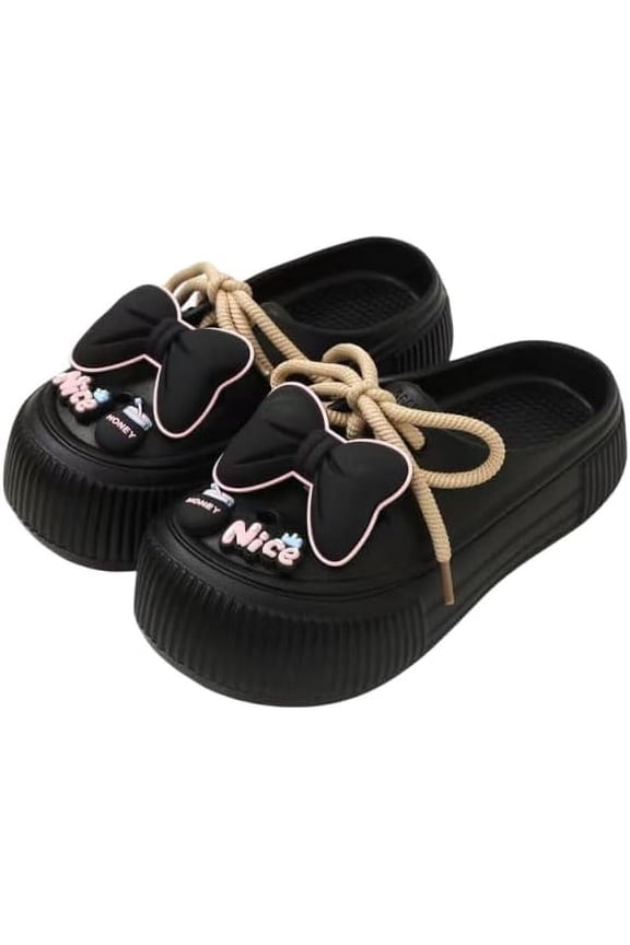 Women's Bow Decor Platform Clogs, Stylish Closed Toe Summer Beach Slide Shoes, Fashion Outdoor Lace-up Beach Garden SandalsCool mop soft sole two hole shoes