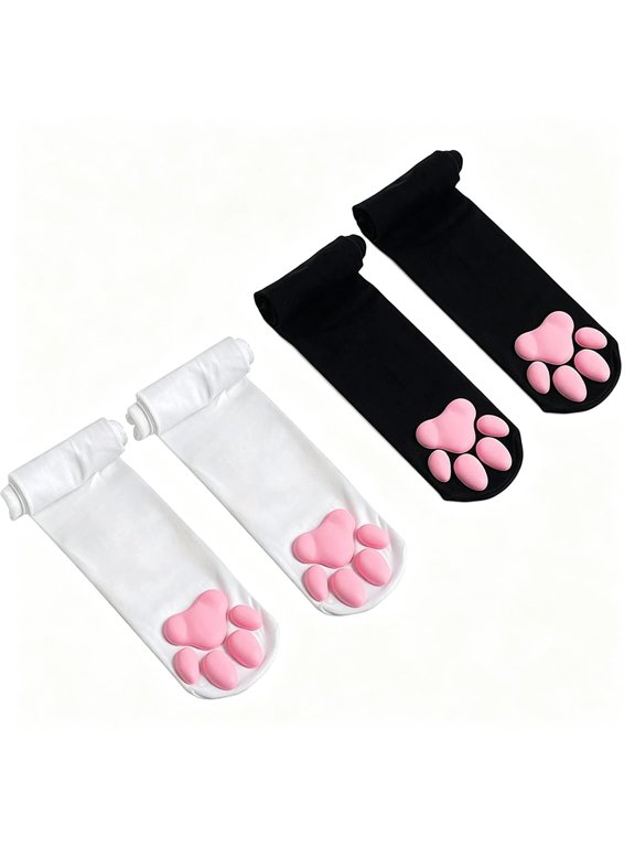 Cat Paw Thigh High Socks for Women, 2 Pairs Soft 3D Silicone Pink Toe Beans Paw Pad Over the Knee Stockings, Cute Kitten Cosplay Long Socks, Black & White