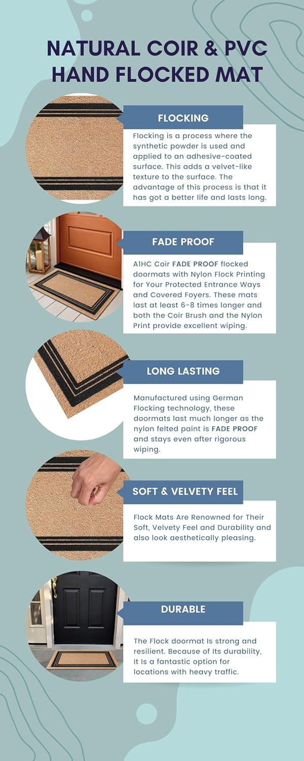 A1HC Natural Coir Entrance Door Mats, Durable Large Outdoor Rug, Non-Slip, Flock Doormat, Thin-Profile Heavy Duty Door Mat, Indoor Outdoor Front Door, High Traffic Areas, 18" X 30"