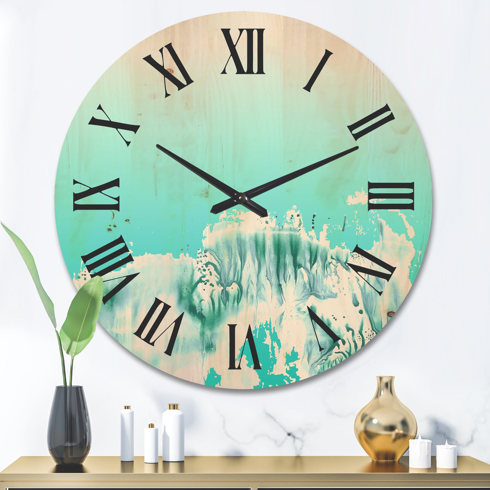 Designart 'Auquamarine Landscape Turquoise Splashes' Traditional Wood Wall Clock