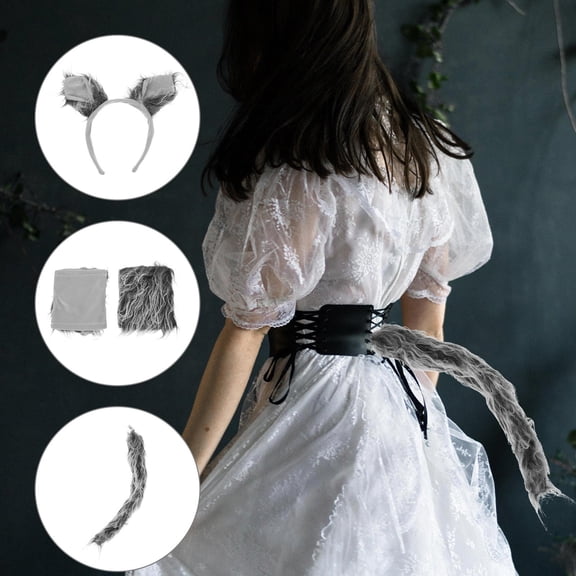LOLIPPYY Grey Plush Wolf Costume Set for Cosplay with Ear Headband Tail Gloves and Tutu Skirt