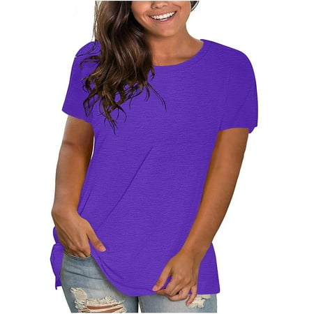 Womens Tops Plus Size Sawvnm Women's Fashion Solid Round Neck Short Sleeve T-shirt Blouse Loose Tops Clearance Clothes under $5.00
