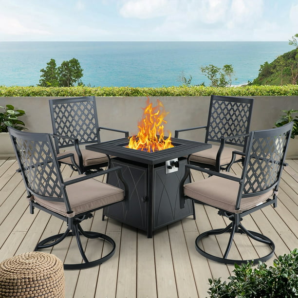 Mf Studio 5 Pieces Gas Fire Pit Table, Outdoor Dining Table Sets With Fire Pit