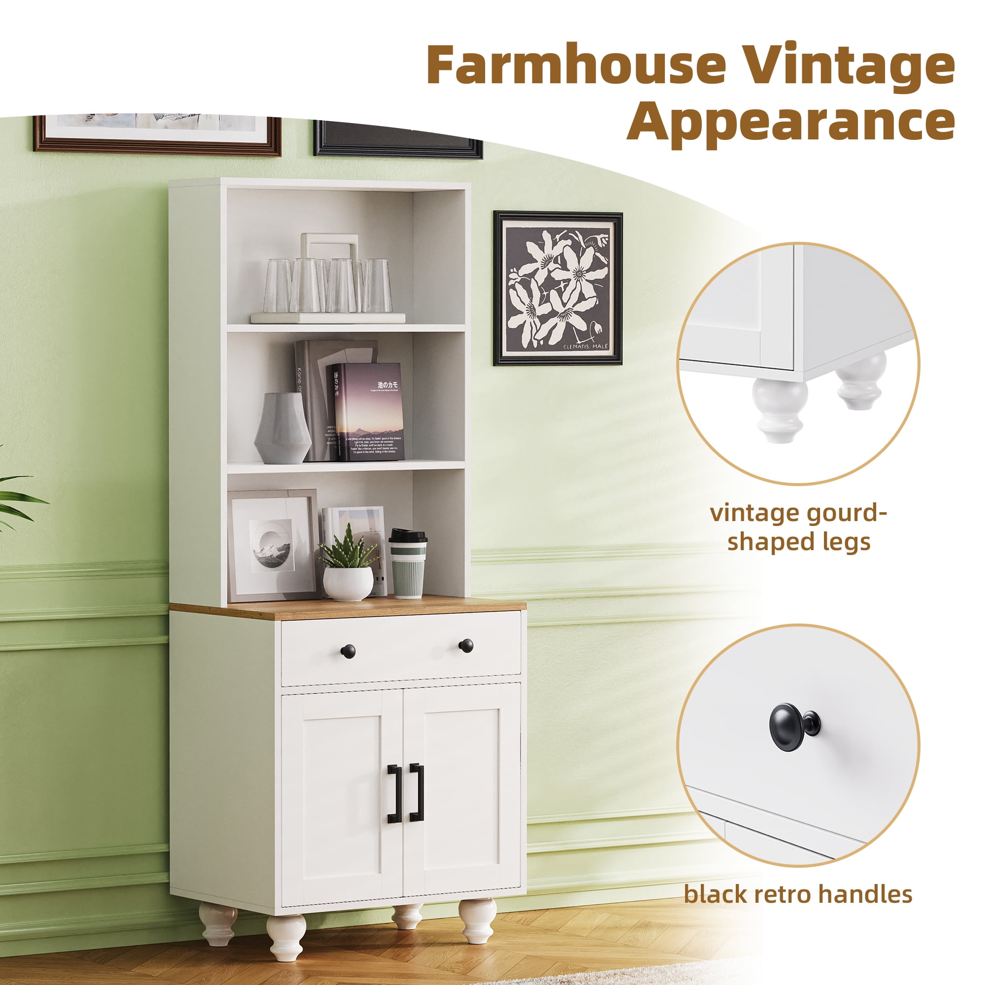 Euroco Farmhouse Tall Storage Cabinet with Drawer & Adjustable Shelves, Free-Standing Pantry Cabinet with Gourd Legs,Kitchen or Entryway,White