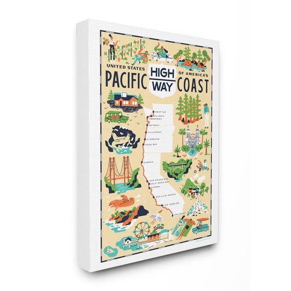 The Stupell Home Decor Collection US Pacific Coast Highway Pale Yellow Illustrated Scenic Map Poster Canvas Wall Art