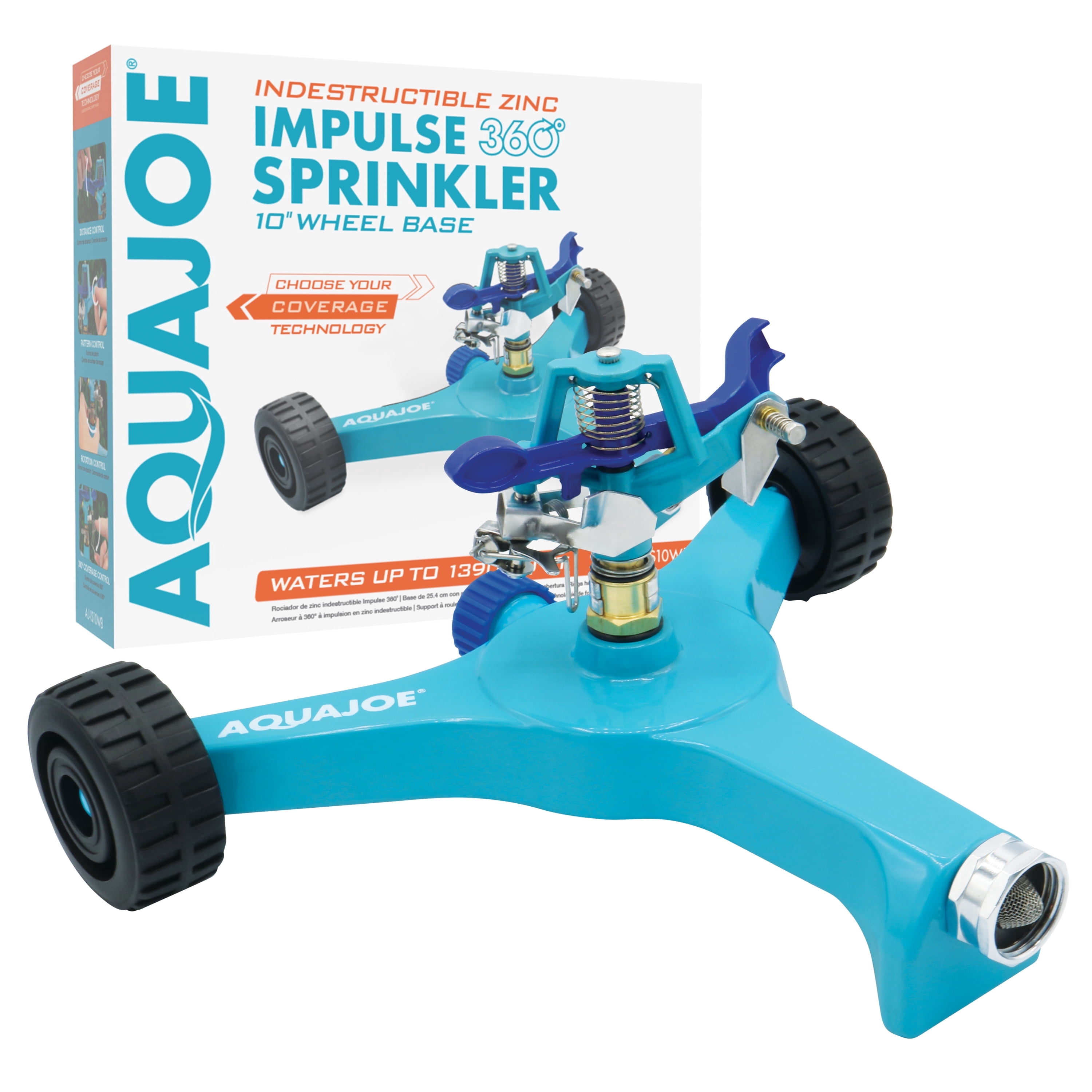 Aqua Joe Indestructible Zinc Impulse 360º Sprinkler, Customizable Coverage, Wheeled Base, 1,390 Sq. ft. Max Coverage