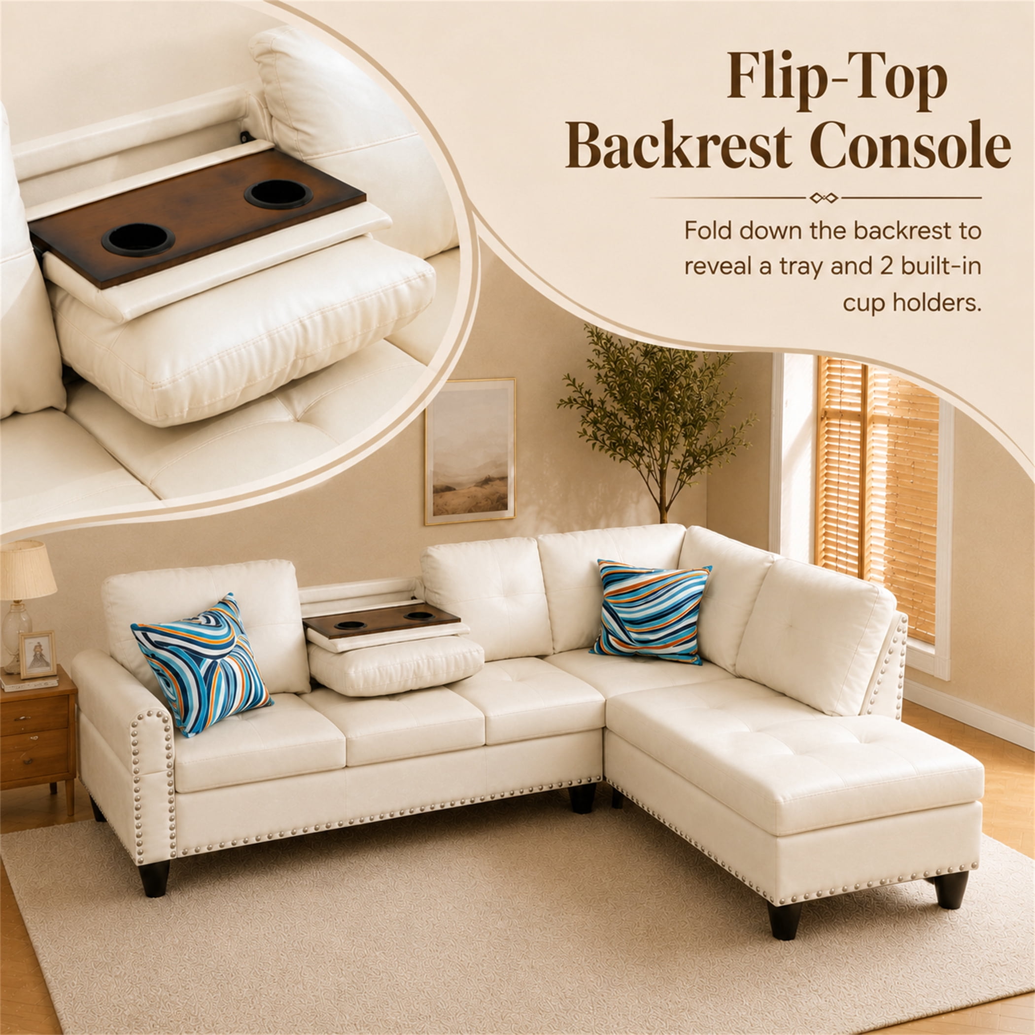 Aukfa 98" L Shaped Sectional Couch with Cup Holder Console, Tufted Back&Nailhead Trim, Oversized Right Chaise Leather Sofa for Living Room, White