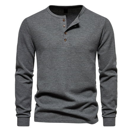 Dagegui Today Clearance Mens Henly Shirts Waffle Long Sleeve Crew Neck T-Shirts Solid Buttons Loose Fit Shirt Daily Casual Tops Dark Gray L