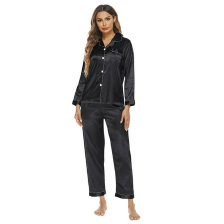 

Famure Women s Pajamas Silk Women s Pajamas Set Long Sleeve Soft Sleepwear Casual Lounge-wear Button Down Pajamas Set S-XXL