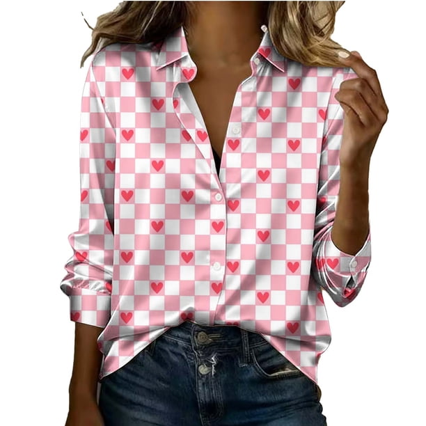 Camiseta de satén impresa sin forro del día de San Valentín de manga larga de las mujeres con solapa con botones, suave suéter de poliéster para primavera invierno