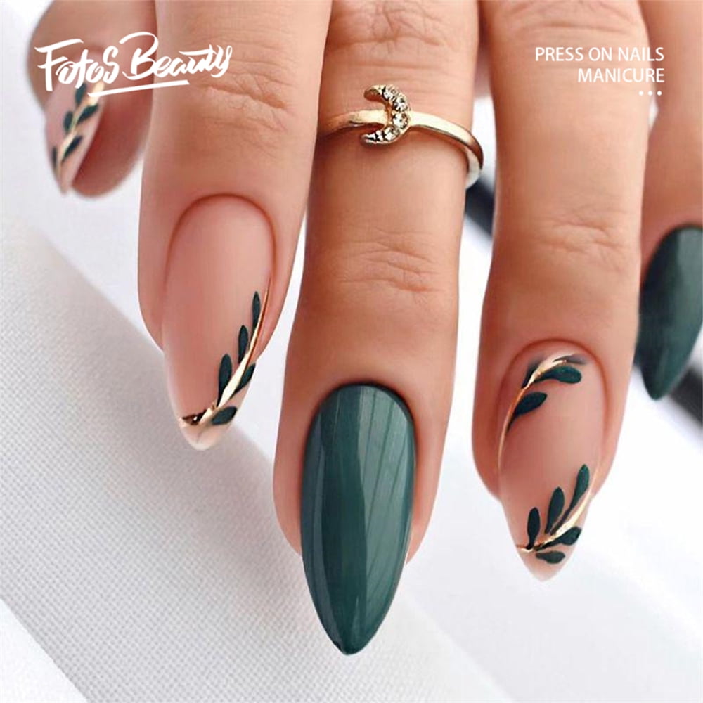 Fofosbeauty 24pcs Almond Fake Nails Tips, Medium Press on French Nails, Almond Leaf French Gel