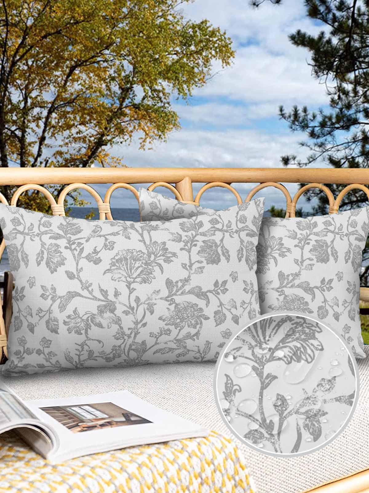 Outdoor Waterproof Throw Pillow Covers Set of 2 Gray Pastoral Flower Decorative Pillowcases Lumbar Outdoor Pillows Cushion Case 20x12 Inch Farmhouse Floral Patio Pillows for Couch Sofa Bed Garden