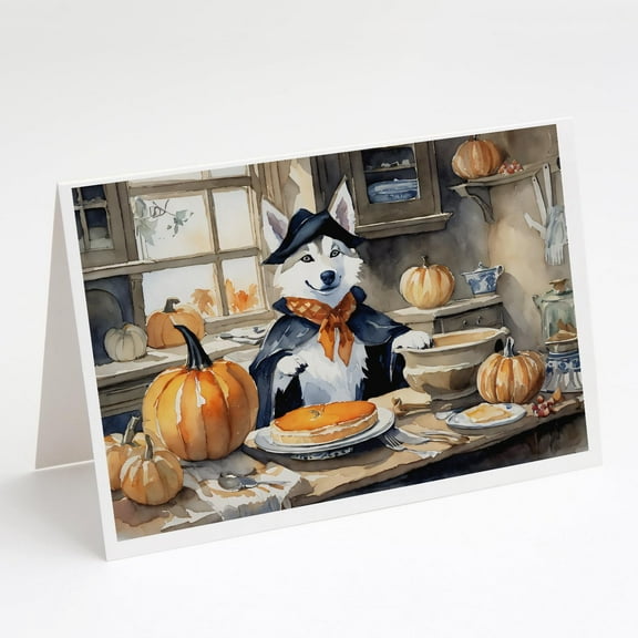 Siberian Husky Fall Kitchen Pumpkins Greeting Cards and Envelopes Pack of 8 7 in x 5 in