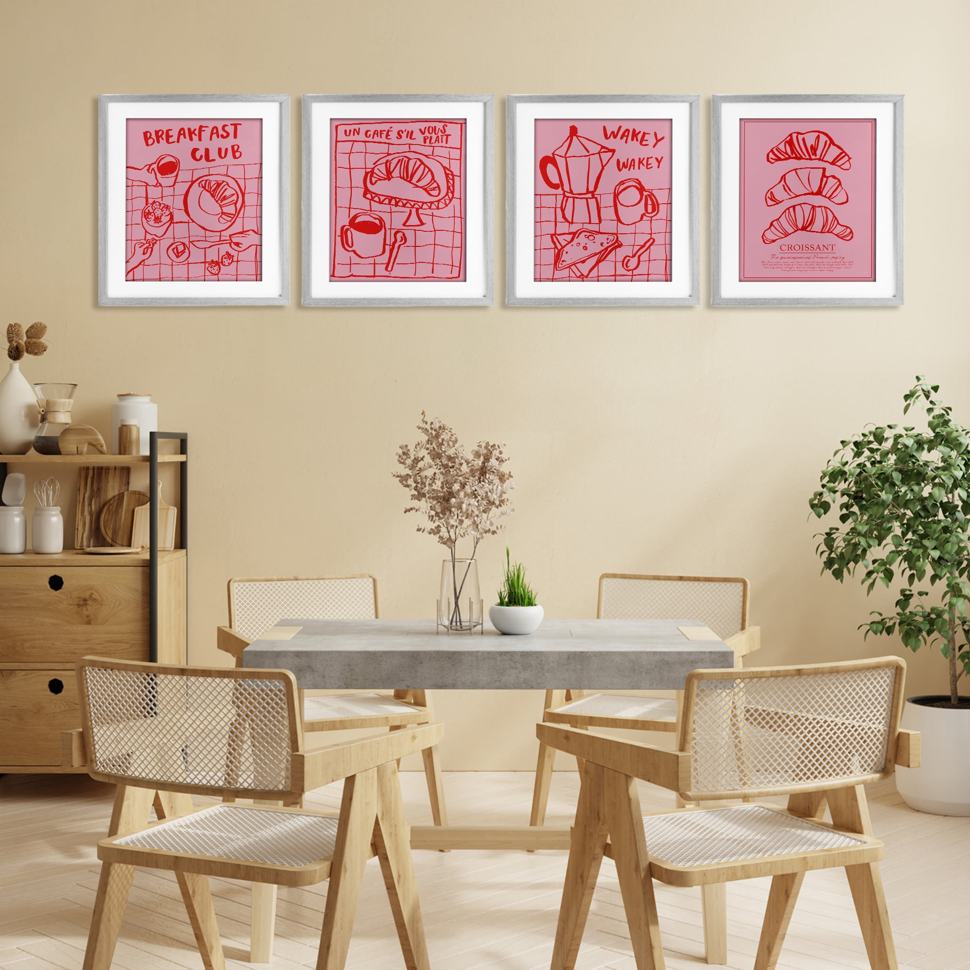 Stupell Industries Pink & Red Breakfast Doodles 4 Piece Gray Framed Print Under Glass Set, design by Jenaya Jackson