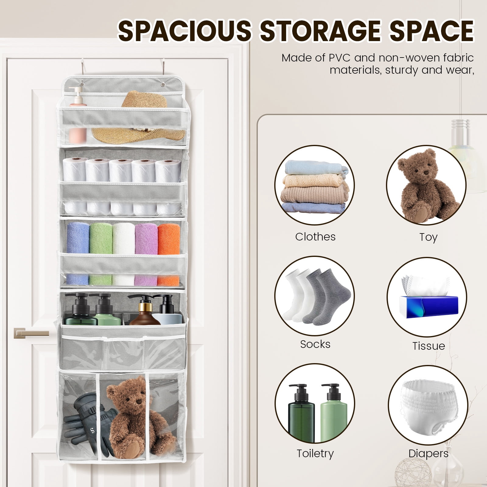 Door Hanging Storage Organizer,with 3 Bins 1 Movable Baby Diaper Caddy,1 Large capacity diaper stacking storage Organizer,10 Side Pockets ,Bedroom Door Storage for Nursery Baby Essentials