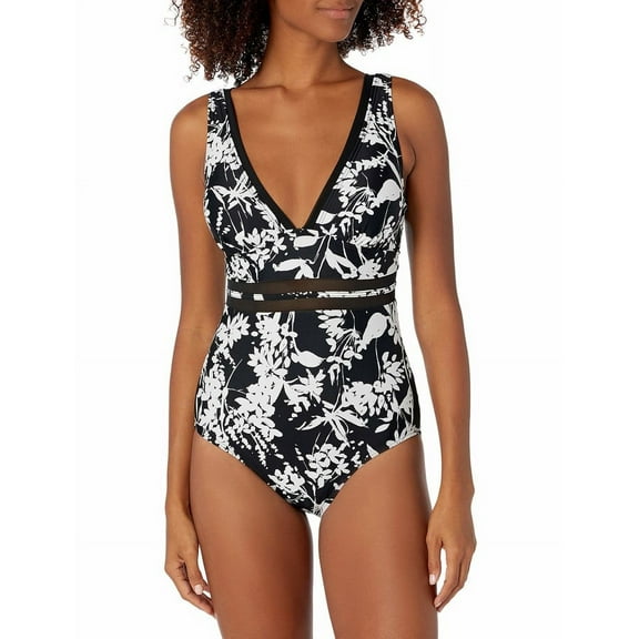 Tommy Hilfiger BLACK WHITE FLORAL Printed Mesh-Trim One-Piece Swimsuit, US 4