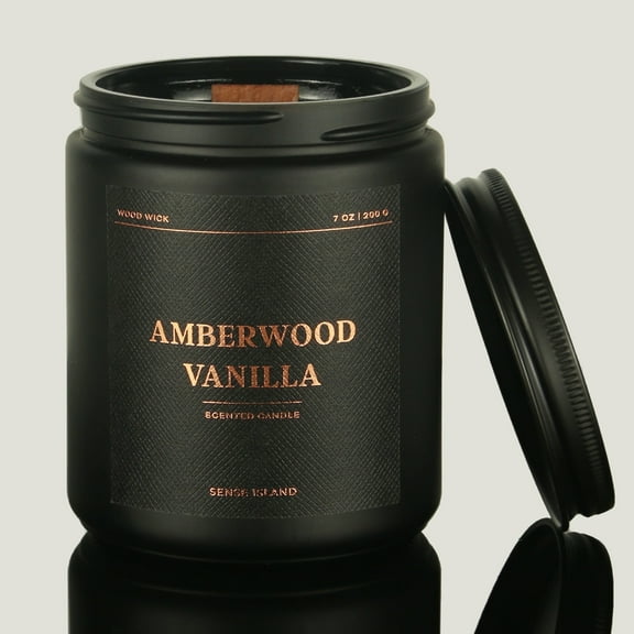 Amberwood Vanilla Crackling Wood Wick Candle for Men, Strong Masculine Scent, 100% Soy, 50-Hour Burn, Luxury Black Jar with Gold Text Scented Candle with Crackle Wooden Wick for Home, Office, Gifts
