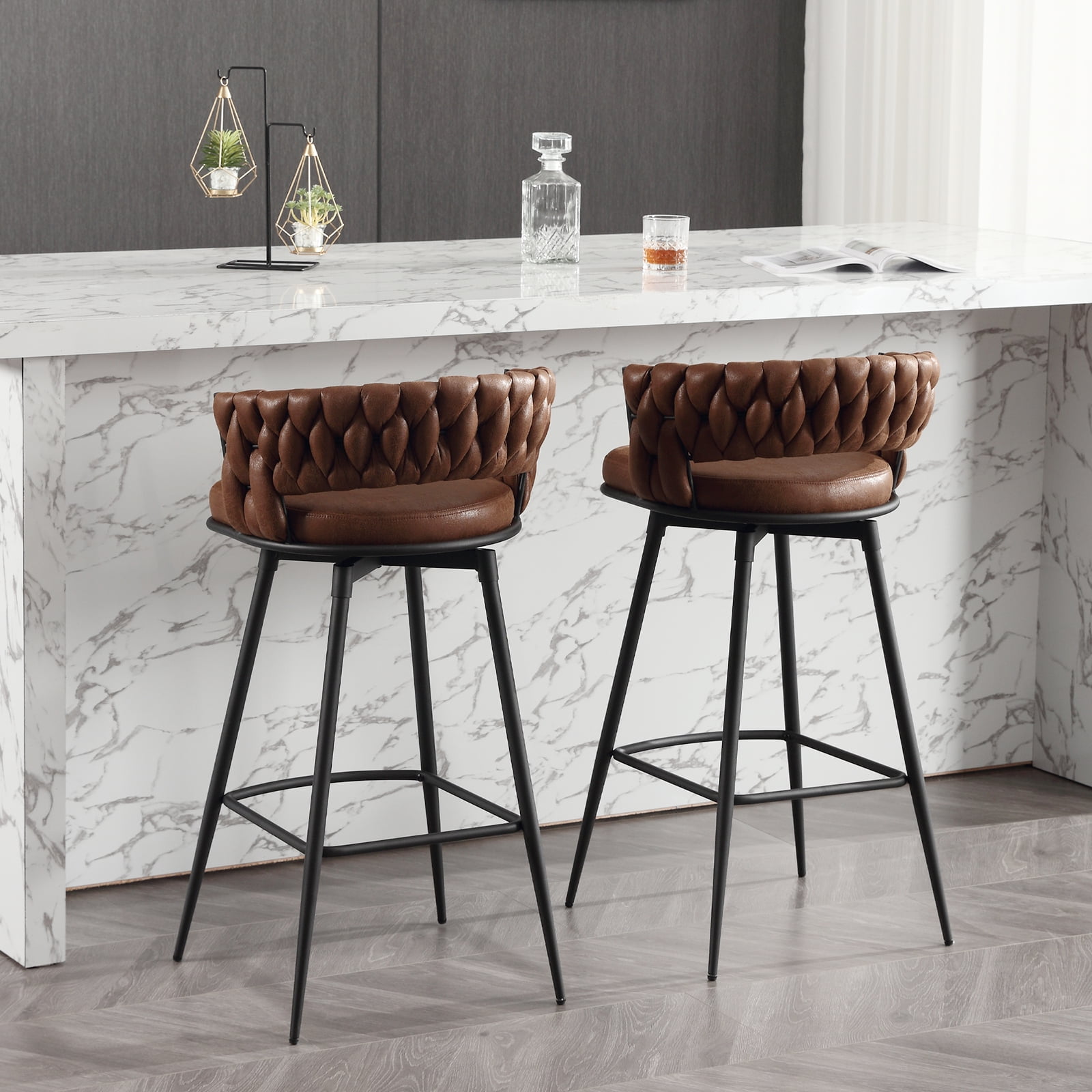 Bar Stools Set of 2, Counter Height Barstools with Woven Back and Footrest, 26" Modern Upholstered Kitchen Island Chairs for Kitchen Island, Cafe, Pub, Bar Counter, Brown