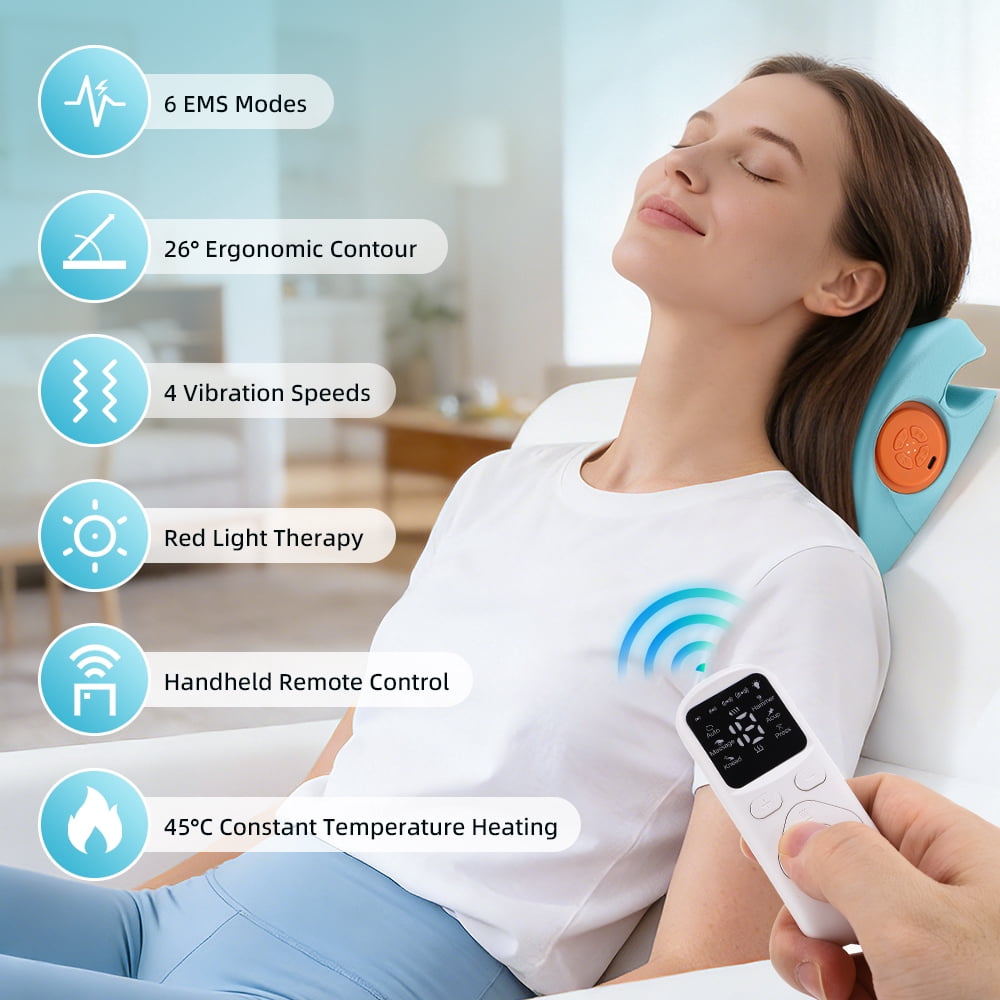 Neck Massager Pillow with Heat, Electric Neck and Shoulder Massager with 6 EMS Massage Modes 9 Adjustable Levels, 4 Vibration Level, Remote Control, Blue