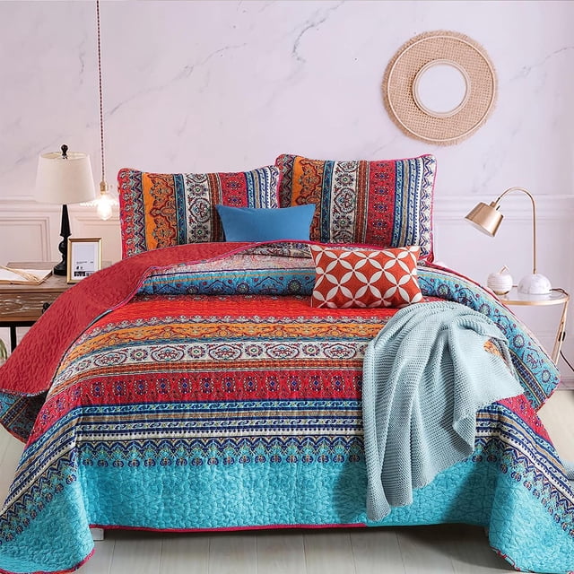 Juego de edredón WONGS BEDDING, estilo bohemio, tamaño king, con rayas rojas bohemias