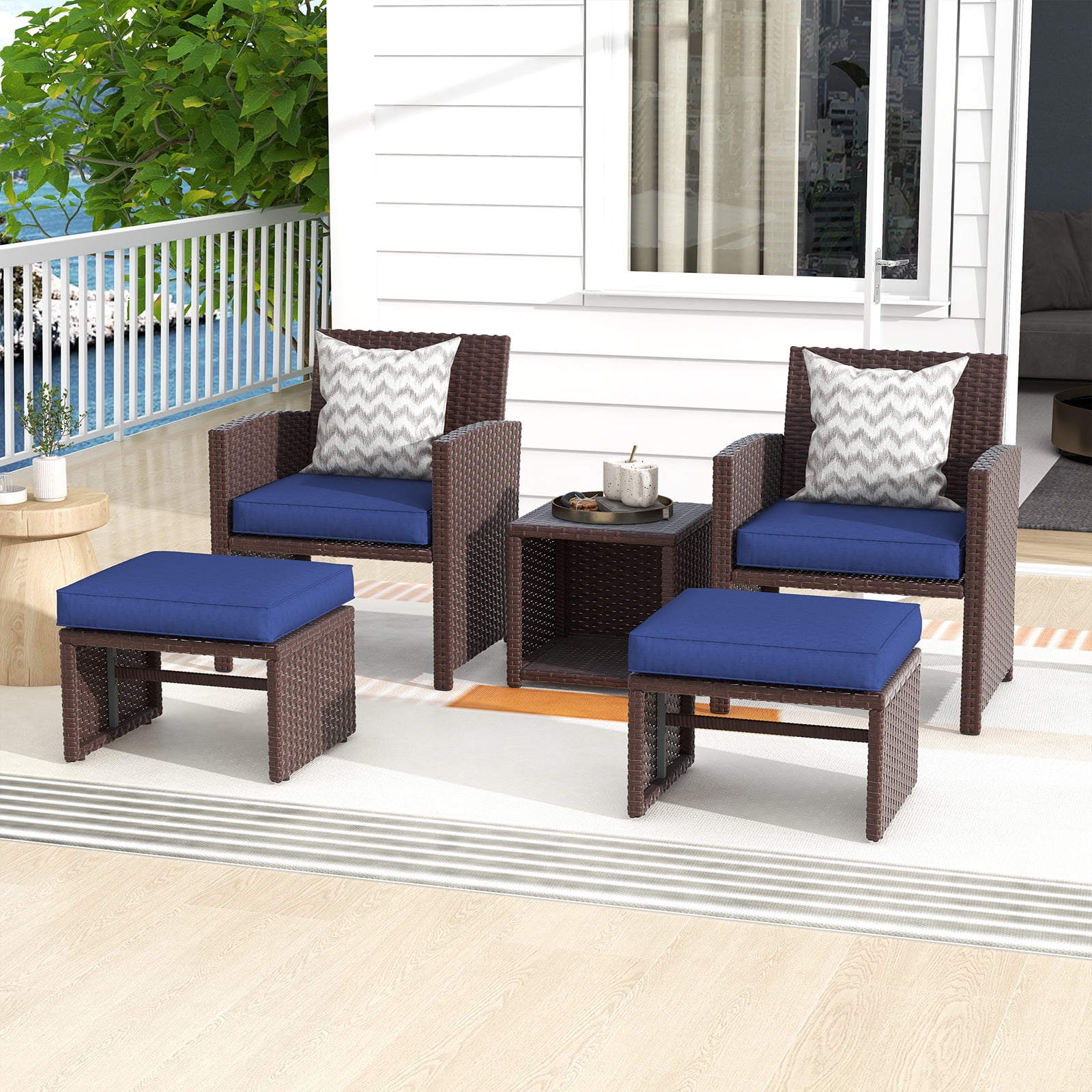 JOIVI 5-Pcs Patio Conversation Set, Balcony Furniture Set with Cushions, Brown Wicker Chair with Ottoman & Storage Table, Navy Blue