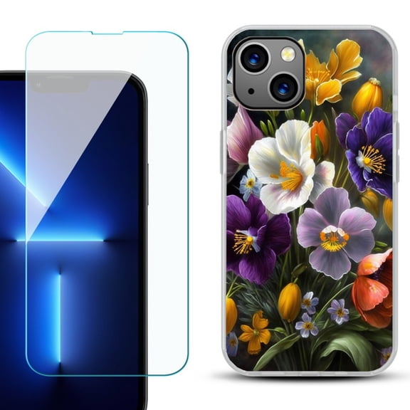 OneToughShield ® for iPhone 13 Shockproof Phone Case, with Tempered Glass Screen Protector - Spring Flower