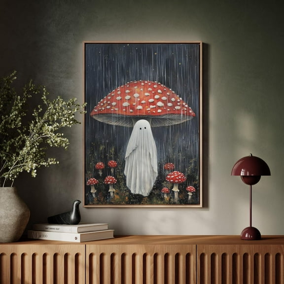 Whimsical Ghost Under Mushroom Art - Enchanting Rainy Forest Scene, Red Toadstools, And Playful Ghost In Vintage Style Wall Art, Modern Wall Decor, 8x12 UNFRAMED