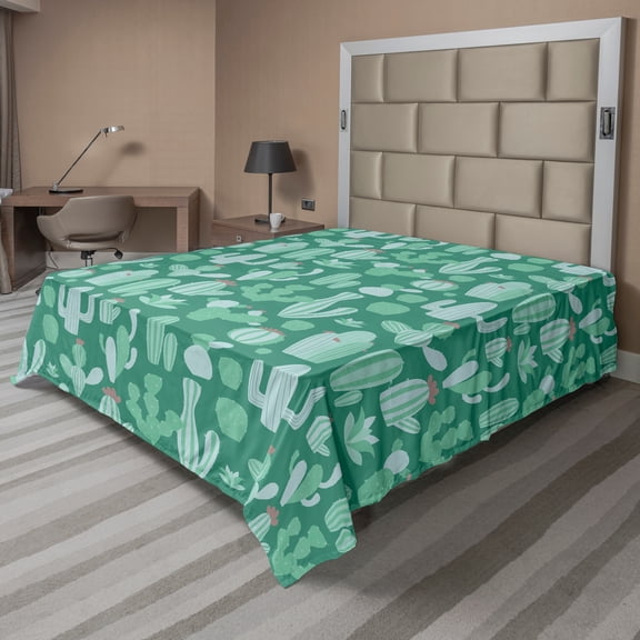 Ambesonne Floral Flat Sheet, Succulents and Cacti Art, Full Size, Sea Green Seafoam and Rose