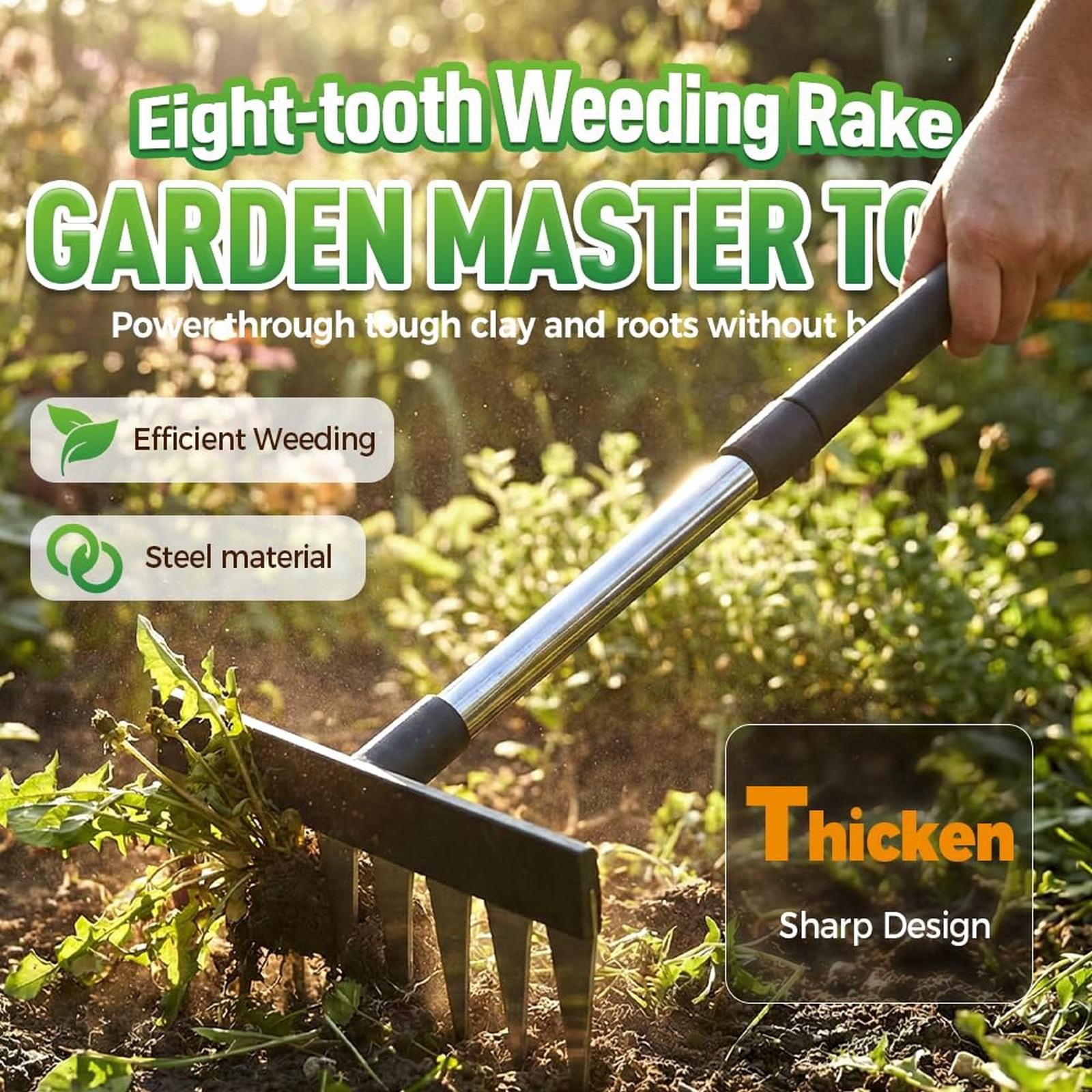 8-Tine Adjustable Garden Hand Rake, Heavy Duty Weeding Cultivator, Soil Loosening Hand Rake for Vegetable Garden, Flower Bed, Yard Work, Gardening Hand Tool, By TINGXIN
