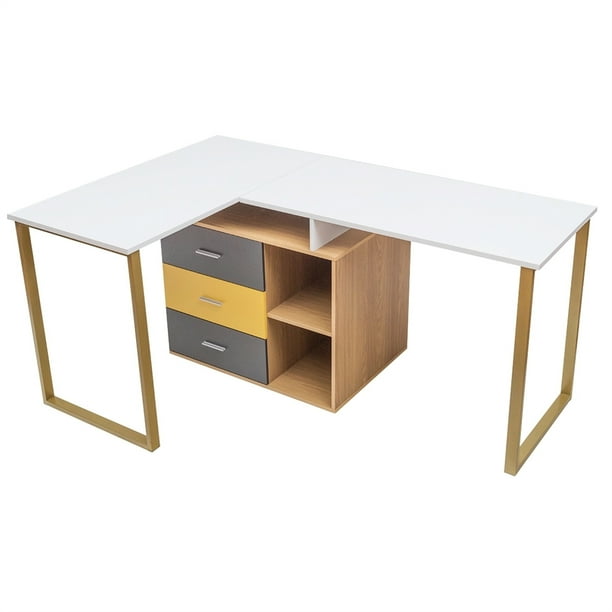 Escritorio Doble Costway para 2 Personas con 3 Cajones y 2 Niveles Mesa en L 220 x 55 x 76,5 cm