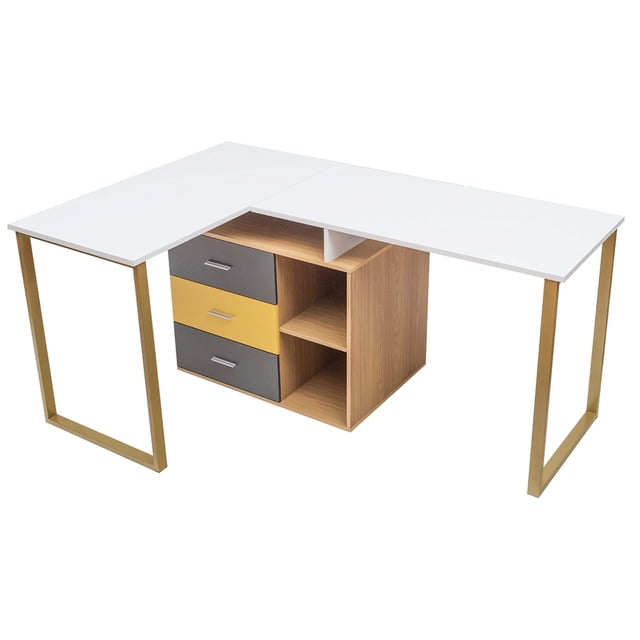 Escritorio Doble Costway para 2 Personas con 3 Cajones y 2 Niveles Mesa en L 220 x 55 x 76,5 cm