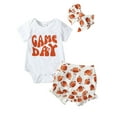 thumbnail image 2 of Yunliwuli Infant Baby Girl Game Jumpsuit Outfits, Letter Print Short Sleeve Romper+ Football Shorts + Bow Headband, 2 of 10